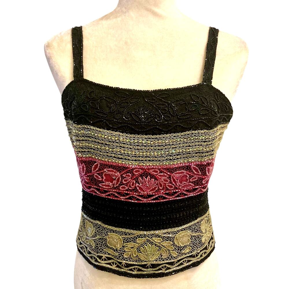 Laurence Kazar Black Camisole with Pink and Gold Embroidery